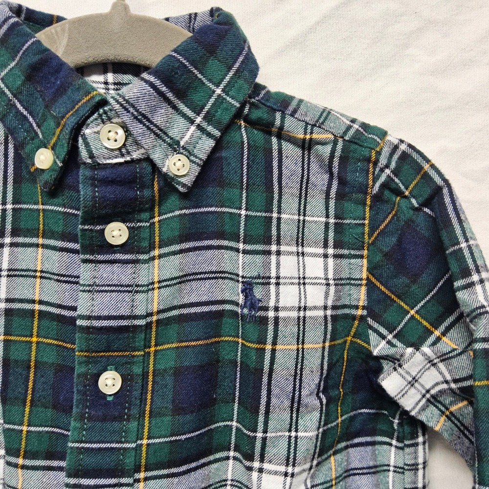 Ralph Lauren Button Down Shirt Kids 18M Green Plaid Performance Long Sleeve